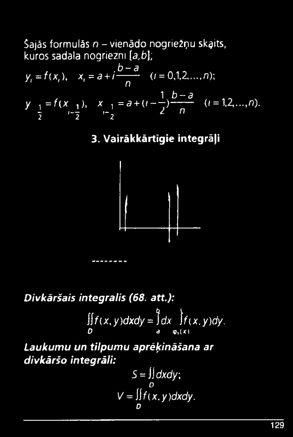 Vairākkārtīgie integrāji Divkāršais integrālis (68. att.): \\f(x,y)dxdy = )dx \f(x,y)dy.