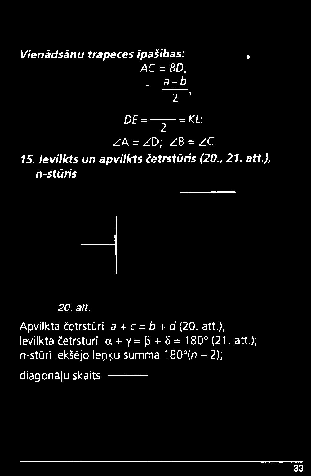 ), n-stūris 20. att. Apvilktā četrstūrī a + c = b + d (20. att.); Ievilktā četrstūrī a + y= P + S= 180 (21.