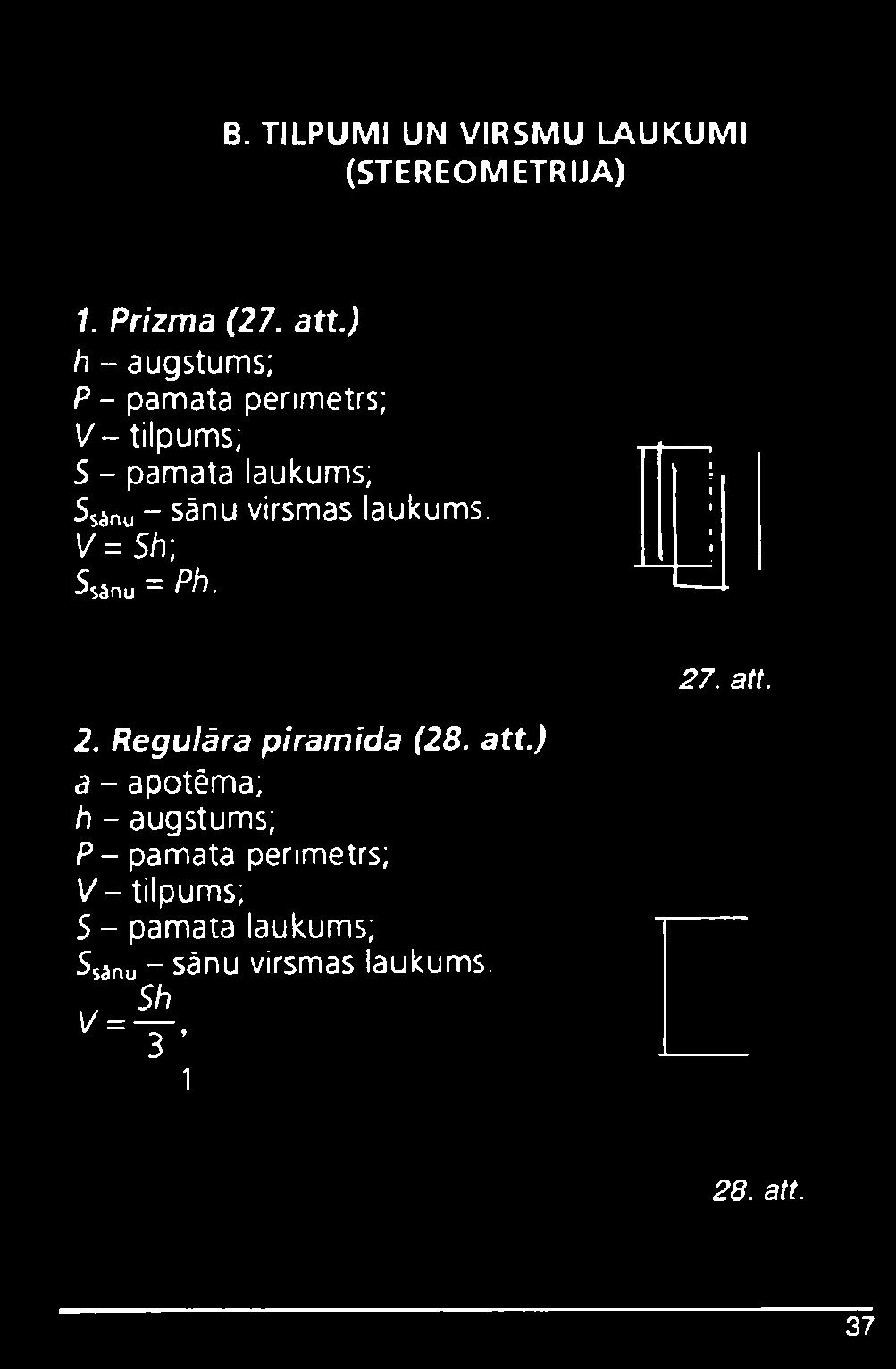 virsmas laukums. V = Sh] Sssnu = Ph. 2. Regulāra piramīda (28. att.