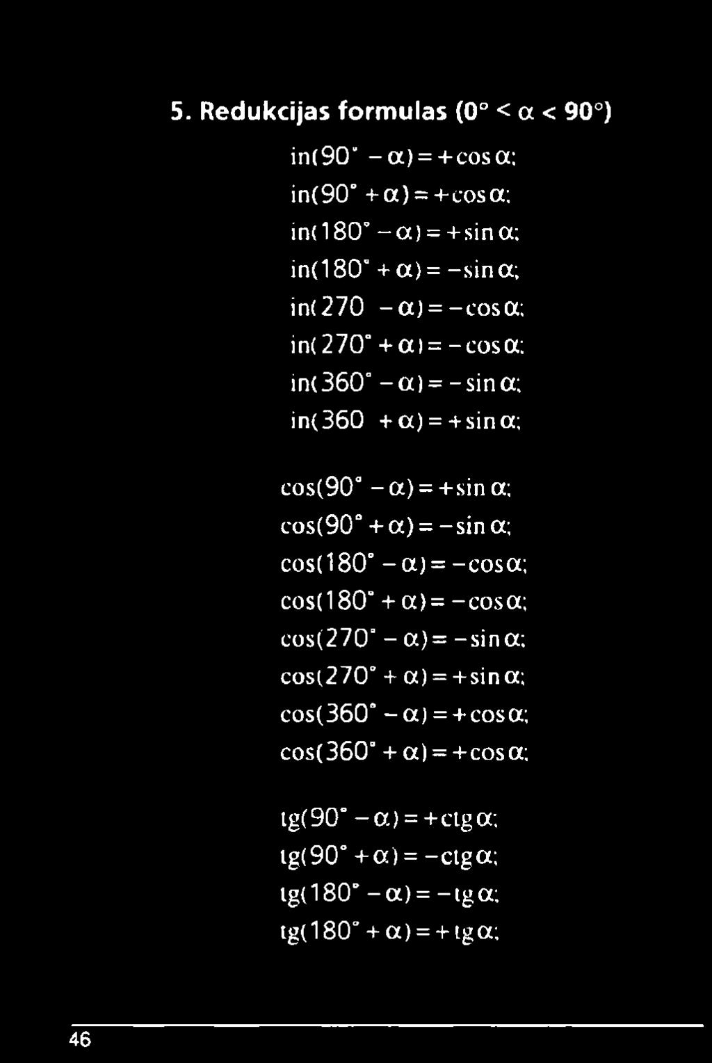 +sina; cos(90 - a) = +sin a; cos(90 + a) = -sin a; cos( 180 - a) = - cos a; cos( 180 + a ) = - cos a; cos(270 - a)=