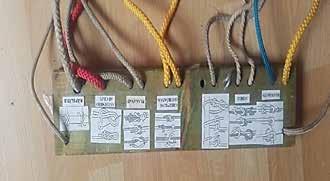 (par vingrinājuma mērķi, izpildi, darba organizēšanas formas, zīmējumi) Mezglu mācīšana. 1) parastais mezgls virves galā un pie koka pa labi, pa kreisi.
