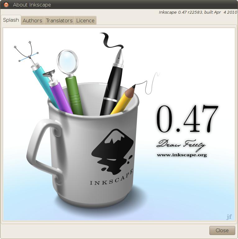 Inkscape vide Izvēlnes komanda Help / About Inkscape atver logu, kas sniedz informāciju par programmas versiju un izstrādes projekta dalībniekiem, kā arī ilustrē vektorgrafikas iespējas.