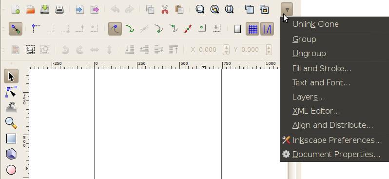 Inkscape vide Pogas Taustiņi Komandas Ctrl+G Shift+Ctrl+G Grupēt un atgrupēt Shift+Ctrl+ F T L X A Pārvaldīt objektu īpašības, tekstu, slāņus, XML un izkārtojumu (dialoglodziņi) Shift+Ctrl+ P D