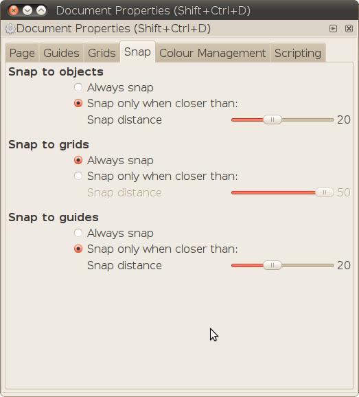 Jaunas datnes izveidošana, darbības ar dokumentu Dokumenta piesaistes iestatījumus var rediģēt dialoglodziņa Document Properties (Shift+Ctrl+D) cilnē Snap: Katram no piesaistes veidiem (pie