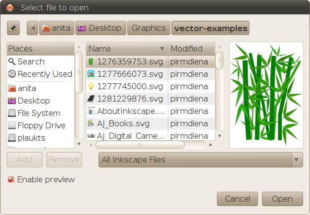 Bet, ja kāds Inkscape logs jau atvērts, cita dokumenta atvēršanai var lietot: izvēlnes komandu File / Open; taustiņu kombināciju Ctrl+O; komandu rīkjoslas pogu iepriekš atvērto datņu sarakstu