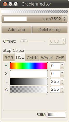 Objektu atlase un noformēšana Lai mainītu pāreju veidojošās krāsas, nospiež pogu Edit, kas atver dialoglodziņu Gradient editor: Krāsu pārejas izskats. Rediģējamā punkta izvēle.
