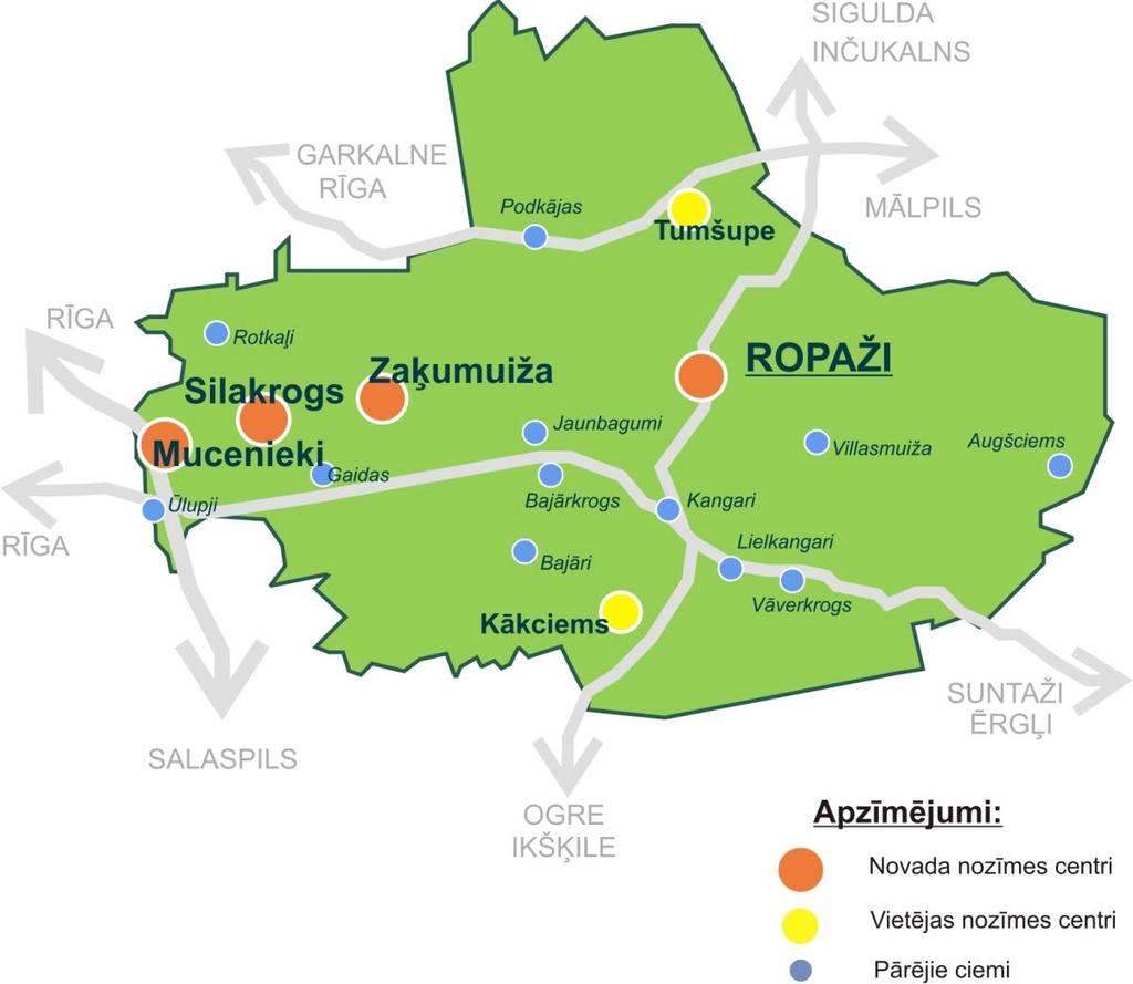 19 1.2. APDZĪVOJUMA STRUKTŪRA Ropažu novads izveidots 2004.gadā Ropažu pagasta administratīvi teritoriālajās robežās.