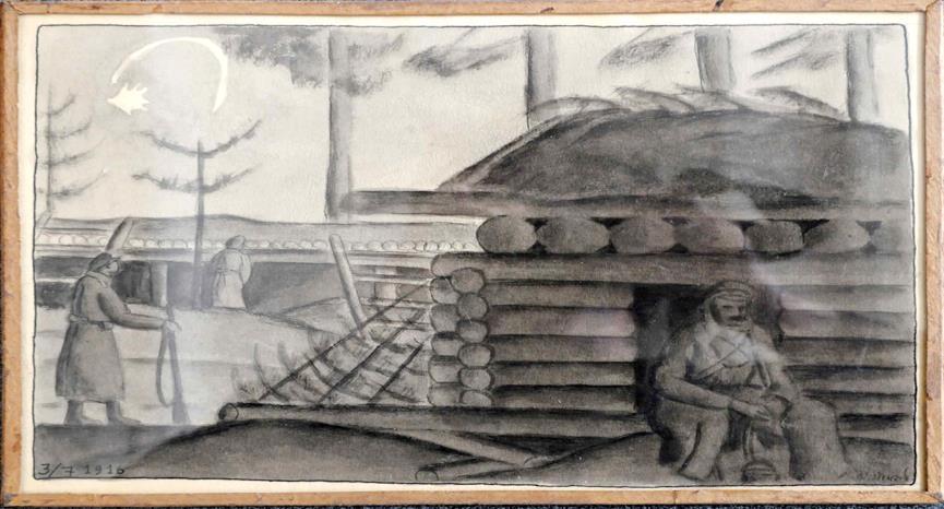 17 Ierāmējums ar stiklu un pasportu N. Strunkes zīmējumam «Strēlnieki pie zemnīcām», papīrs/tuša, 1916. g.