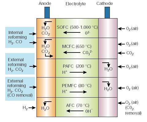 Kurināmā elementu tipi Cietā oksīda (solid oxide SOFC) un kausētu karbonāta sāļu (Molten carbonate MCFC) kurināmā elementi strādā ar ūdeņradi vai ogļūdeņražu degvielām; komercializētas kā