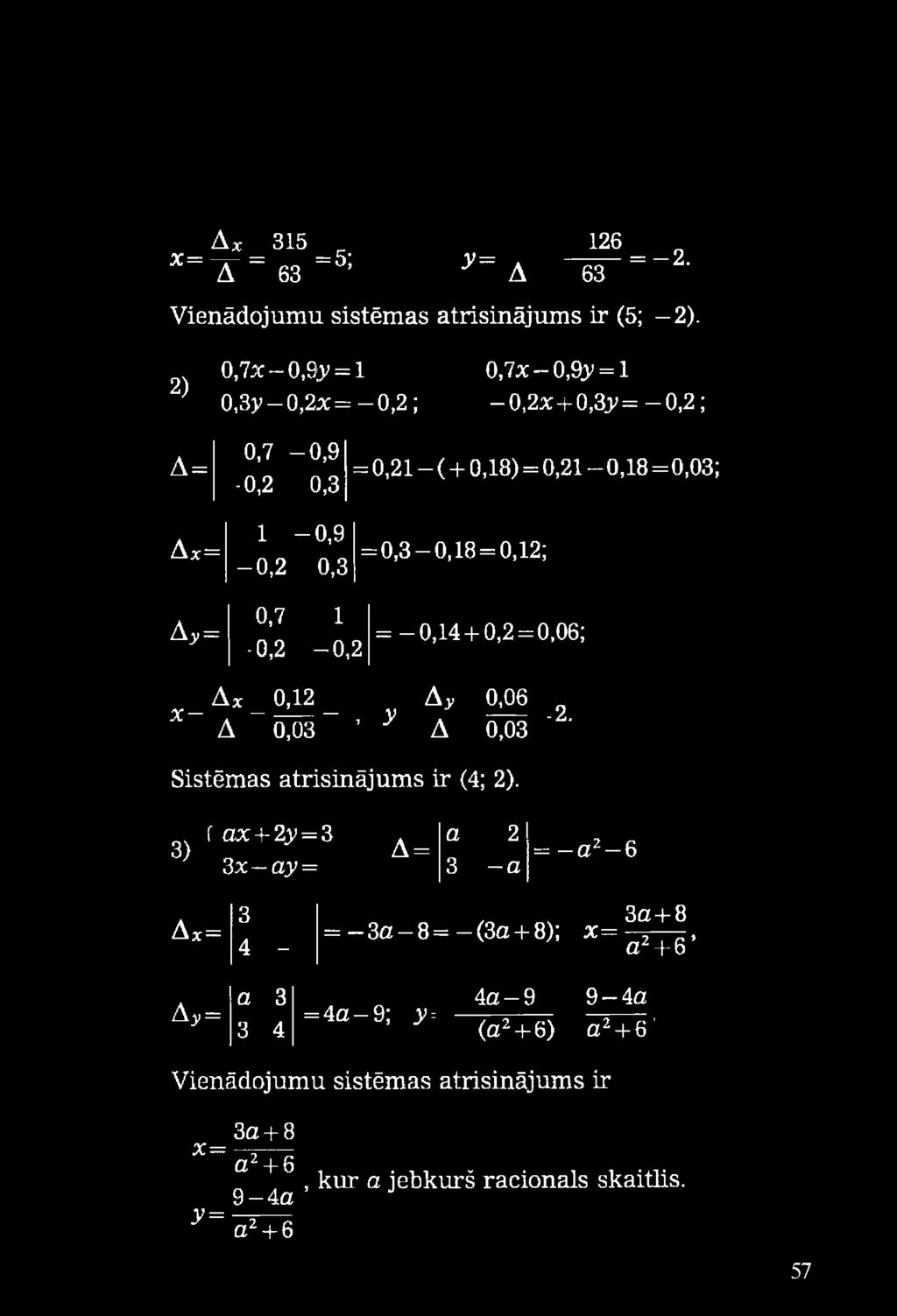 0,18=0,03; = 0,3-0,18 = 0,12; = -0,14 + 0,2 = 0,06; _ Ax _ 0,12 ^ A* 0,06 * A 0,03 y A 0,03 Sistēmas atrisinājums ir (4; 2). - 2.