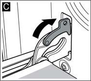 Ar abām rokām jāsatver durtiņas aiz labās un kreisās malas. Durtiņas nedaudz jāpaceļ aizvēršanas virzienā un jāizvelk (attēls B). 3. Jāpieloka abas fiksācijas sviras (attēls C).