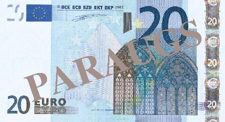 Eiro drošības pazīmes Apskatot banknoti un paturot to pret gaismu, būs redzama ūdenszīme, drošības