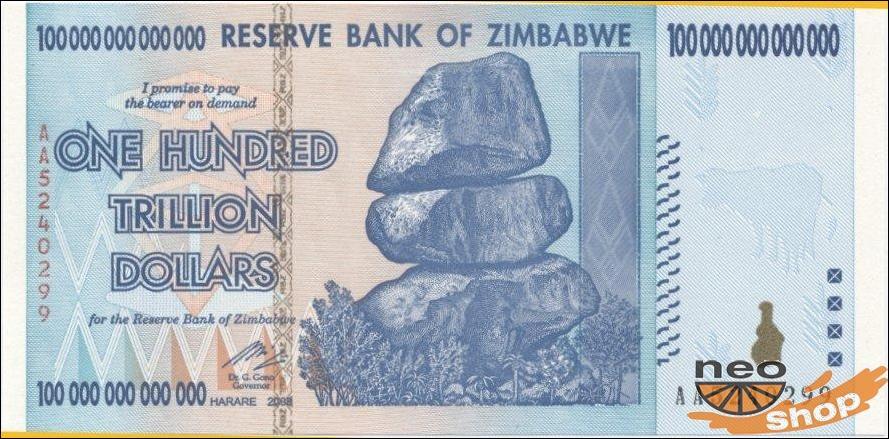 Hiperinflācijas nomāktā Zimbabve 2009. gadā ieviesa 100 trlj. dolāru banknoti (aptuveni 300 ASV dolāru). Šī Āfrikas dienvidu valsts atļāvusi izmantot dažādu citu valstu valūtas.