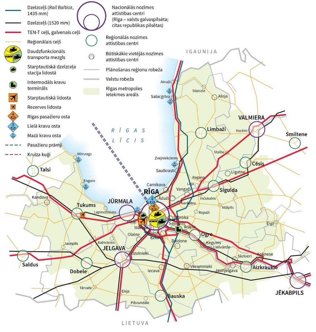 Integrēta mobilitātes vīzija Ātra starptautisko transporta mezglu sasniedzamība (lidosta, dzelzceļa stacija + autoosta, osta) Uzlabota mobilitāte attālākās (lauku) teritorijās ātra reģionālo centru